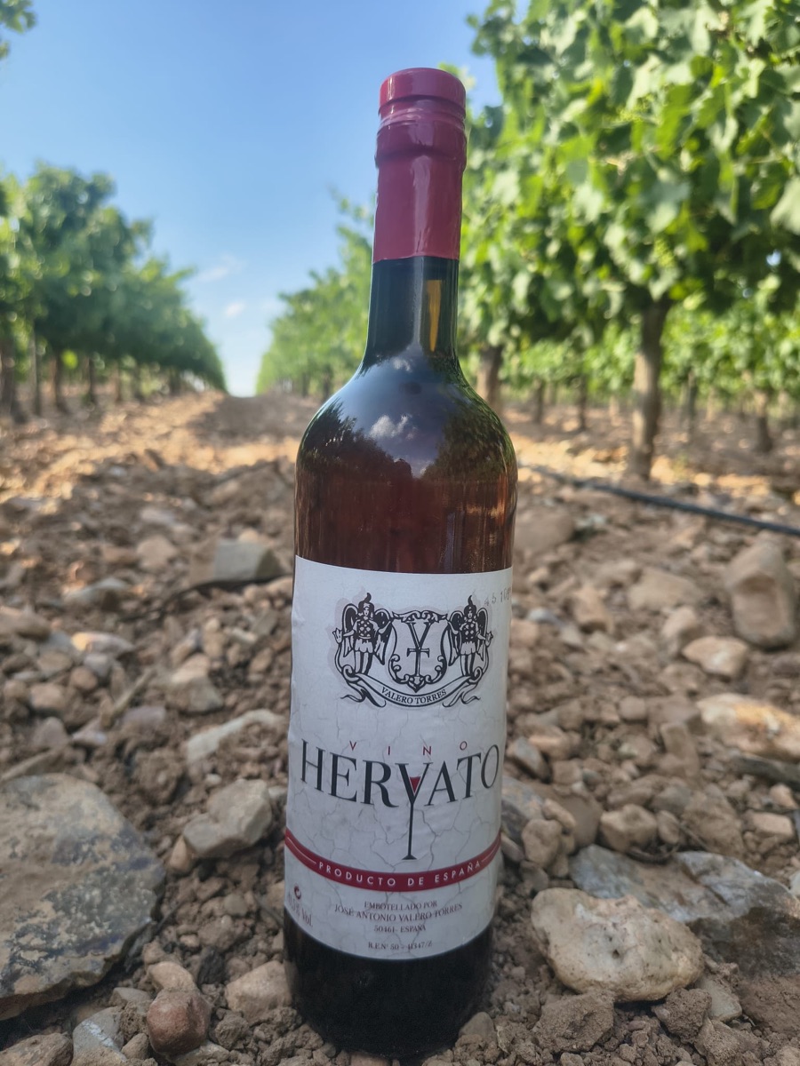 Botella de Vino Rosado Hervato en el viñedo